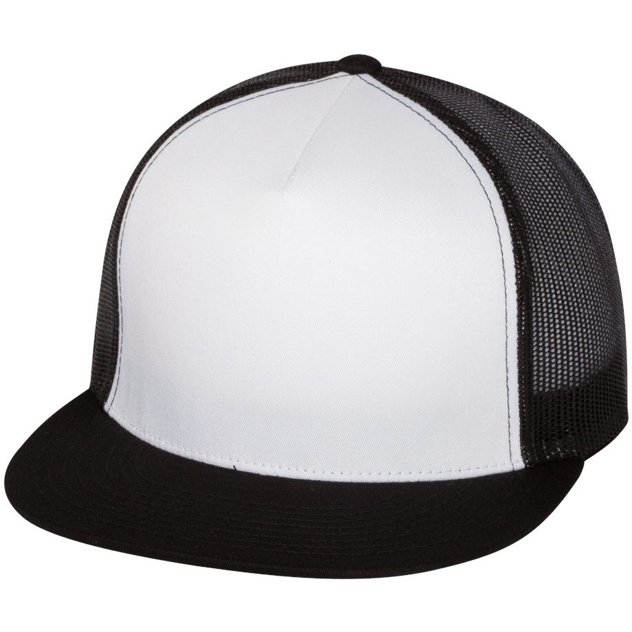YP Classics flat bill trucker cap with white front panel and black mesh back
