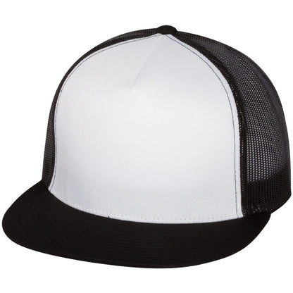 YP Classics flat bill trucker cap with white front panel and black mesh back