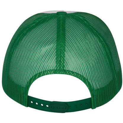 Back view of green and white flat bill trucker cap with mesh panels