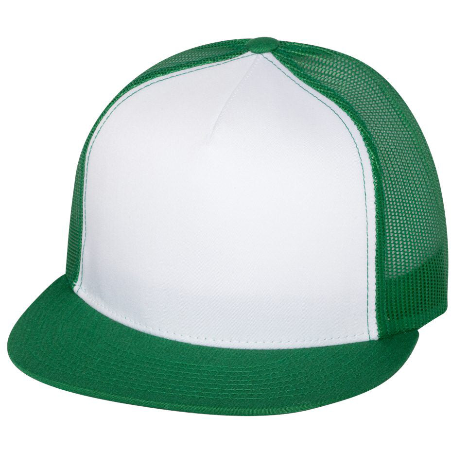 YP Classics flat bill trucker cap in kelly green and white colorway