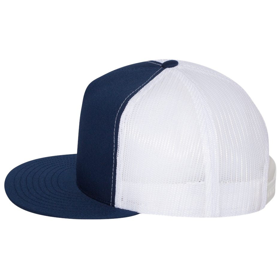 YP Classics flat bill trucker cap in navy and white colorway