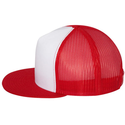 Red and white flat bill trucker cap with mesh back panels
