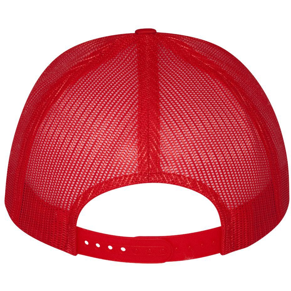 Red YP Classics flat bill trucker cap with mesh back panels