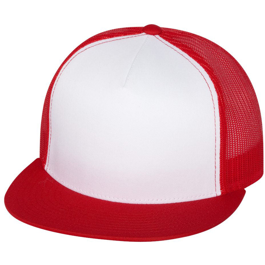 Red and white flat bill trucker cap with mesh back panels