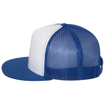YP Classics flat bill trucker cap in royal blue and white with mesh back