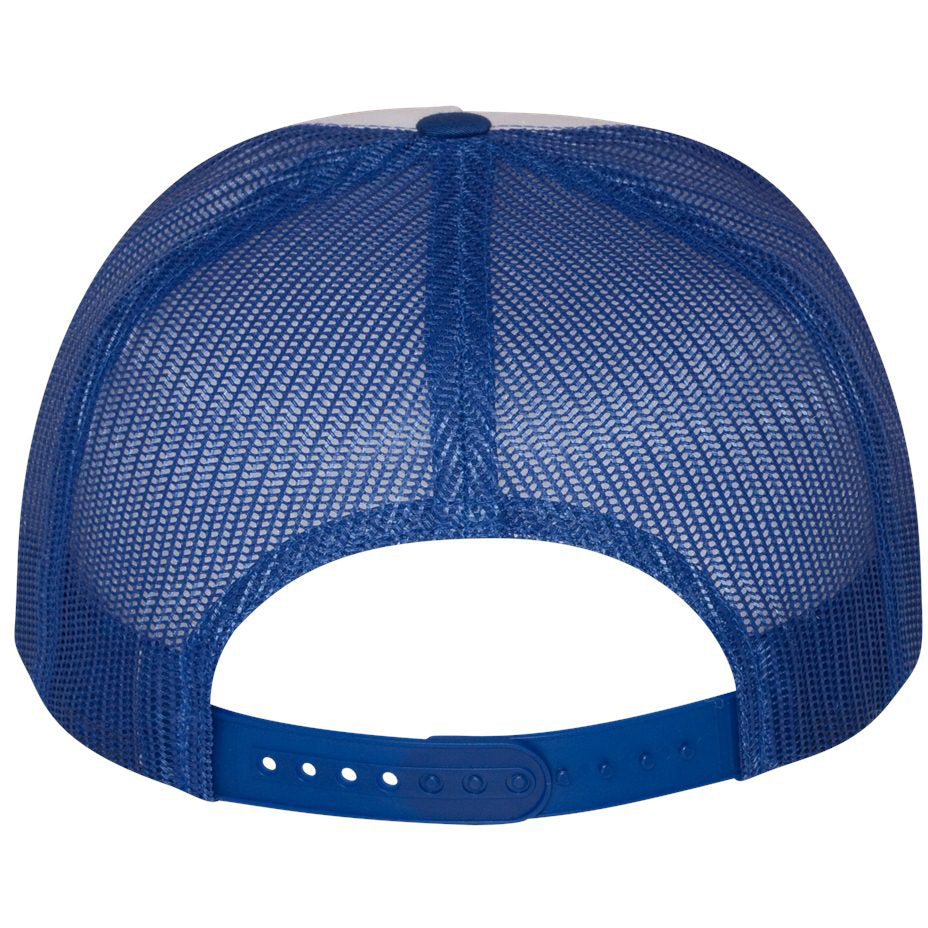 Back view of royal blue and white flat bill trucker cap with mesh panels