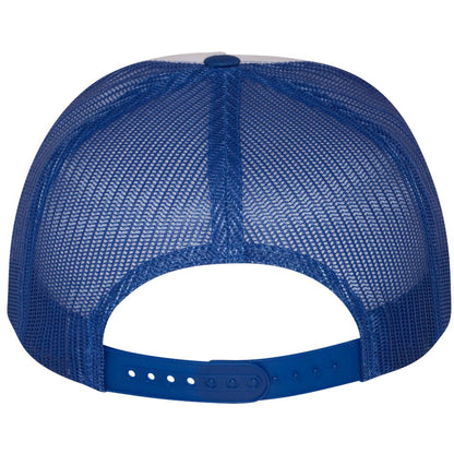 Back view of royal blue and white flat bill trucker cap with mesh panels
