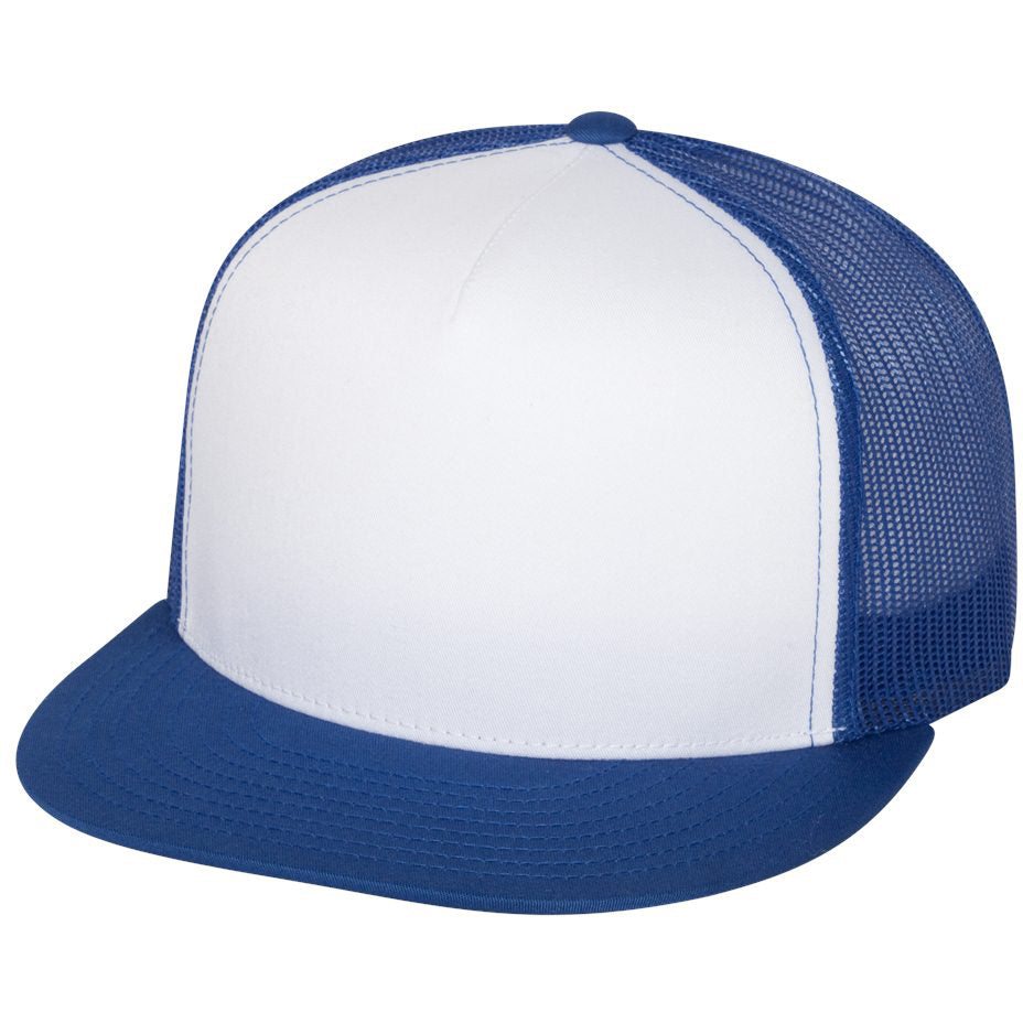 YP Classics flat bill trucker cap in royal blue and white colorway