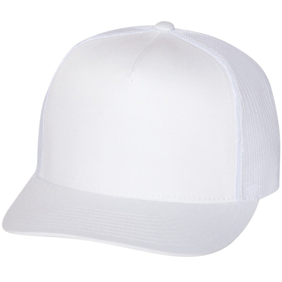 White flat bill trucker cap with mesh back panels on clean background
