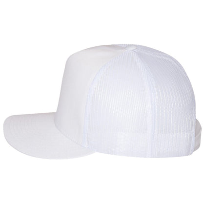 White flat bill trucker cap with mesh back panel on clean background