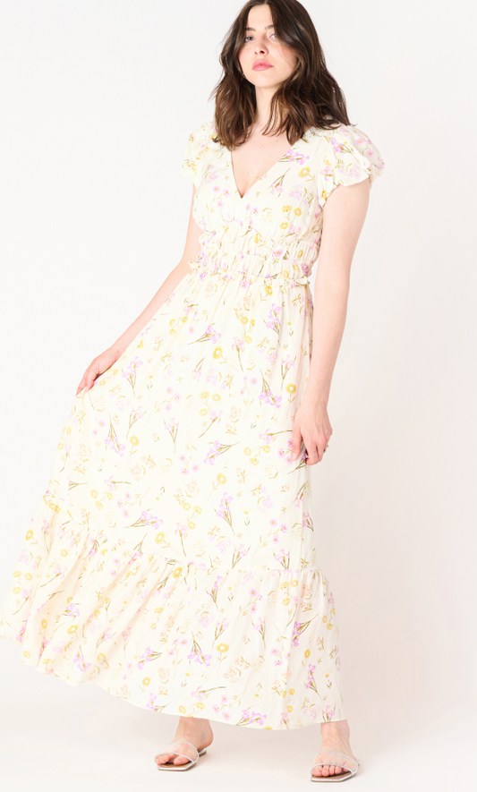 Bubble Sleeve Elastic Waist Maxi Dress