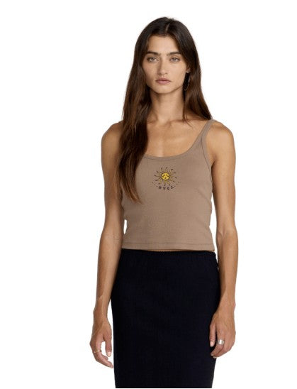 RVCA Fading Sun Tank in cocoa brown with sun graphic detail