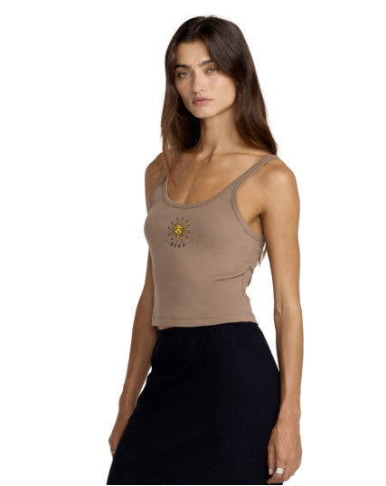 RVCA Fading Sun Tank in cocoa brown worn by model