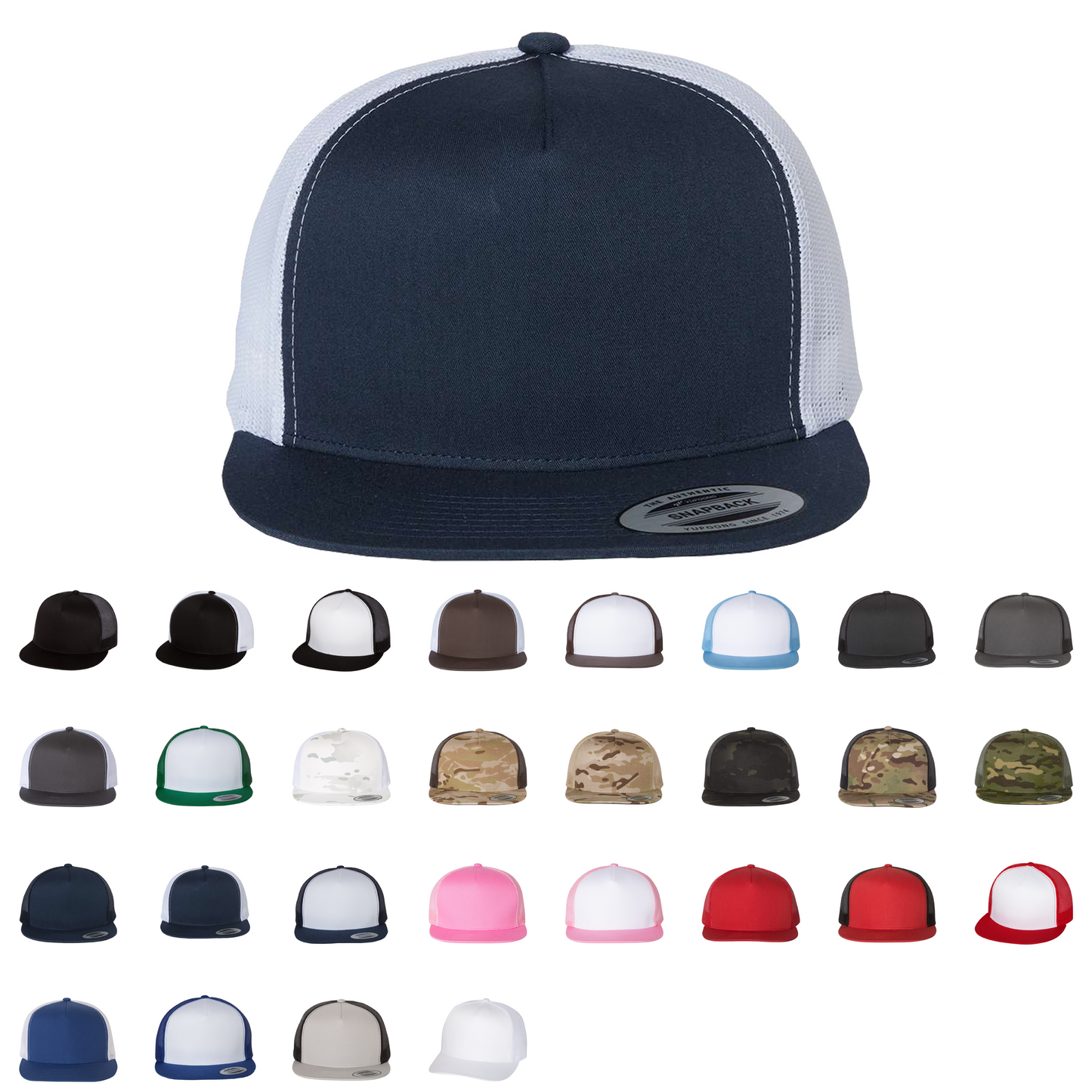 YP Classics navy and white flat bill trucker cap with color options shown below