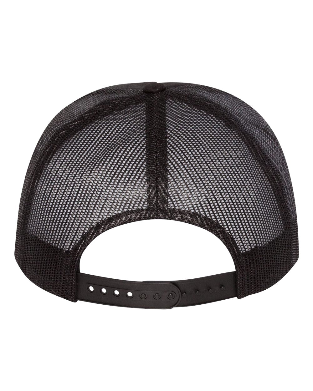 Back view of black flat bill trucker cap with mesh panels and snapback closure