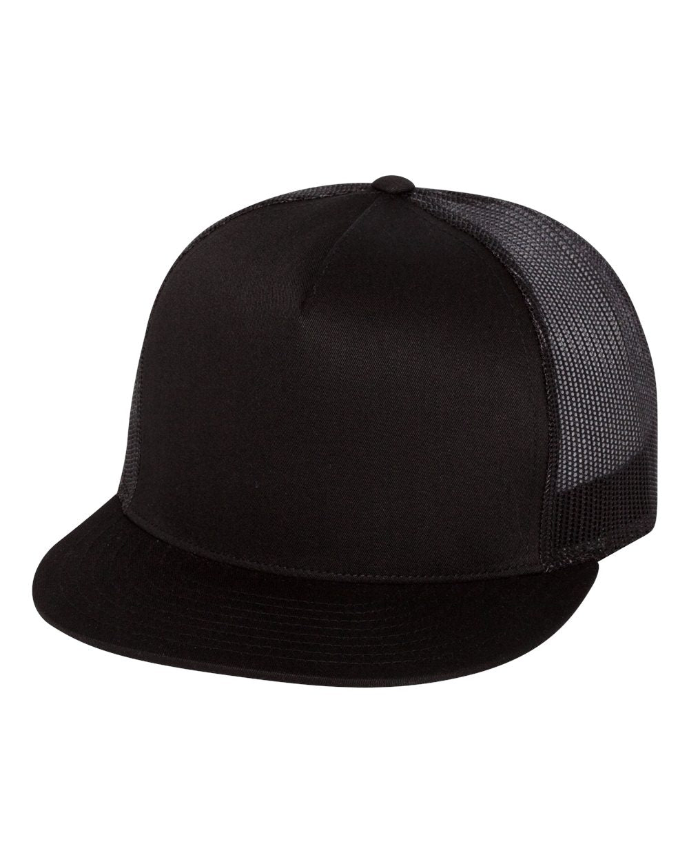 Black flat bill trucker cap with mesh back panels on white background