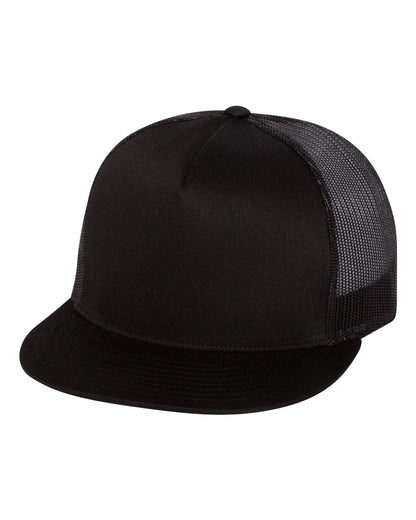 Black flat bill trucker cap with mesh back panels on white background