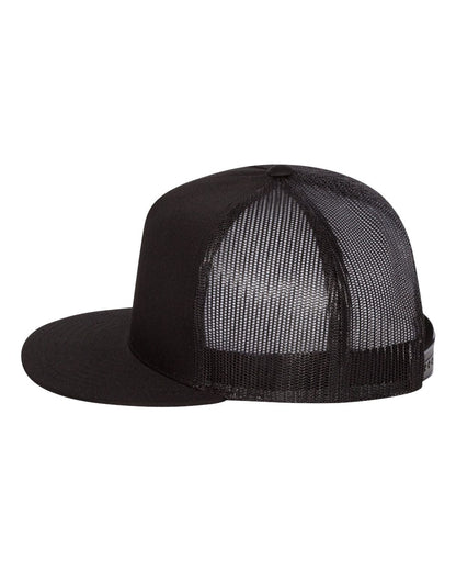 Black flat bill trucker cap with mesh back panels on white background