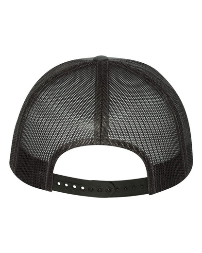 Black mesh trucker cap back view showing adjustable snapback closure