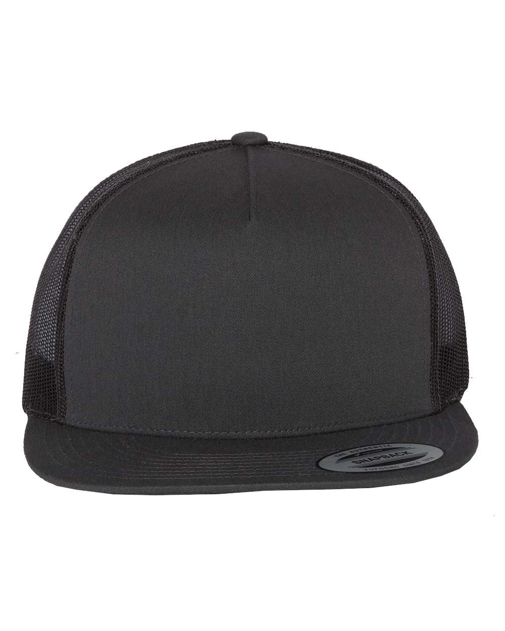 Black flat bill trucker cap with mesh back panels on white background