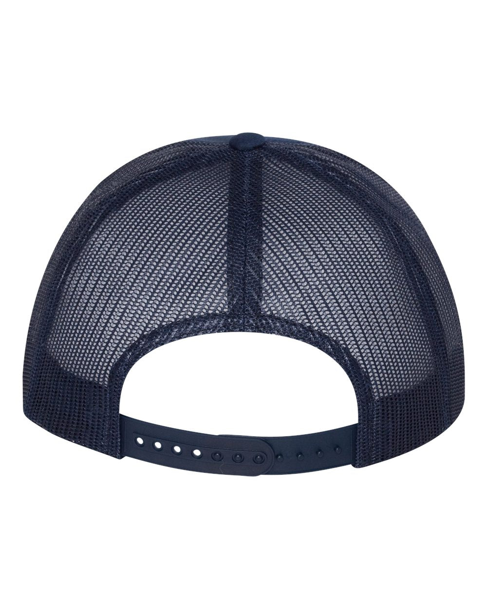 Navy blue flat bill trucker cap with mesh back panels and snapback closure