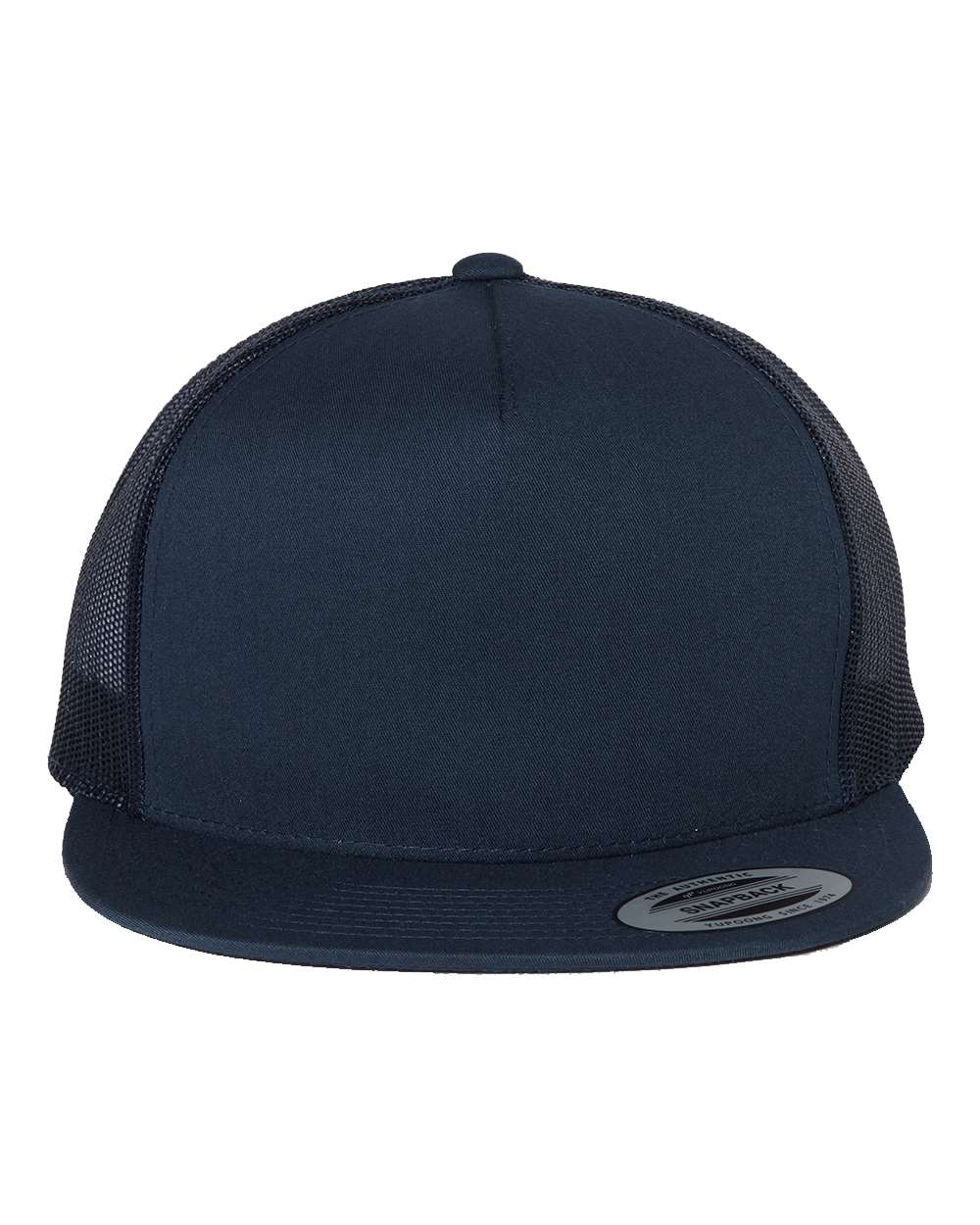 Navy YP Classics flat bill trucker cap with mesh back panels