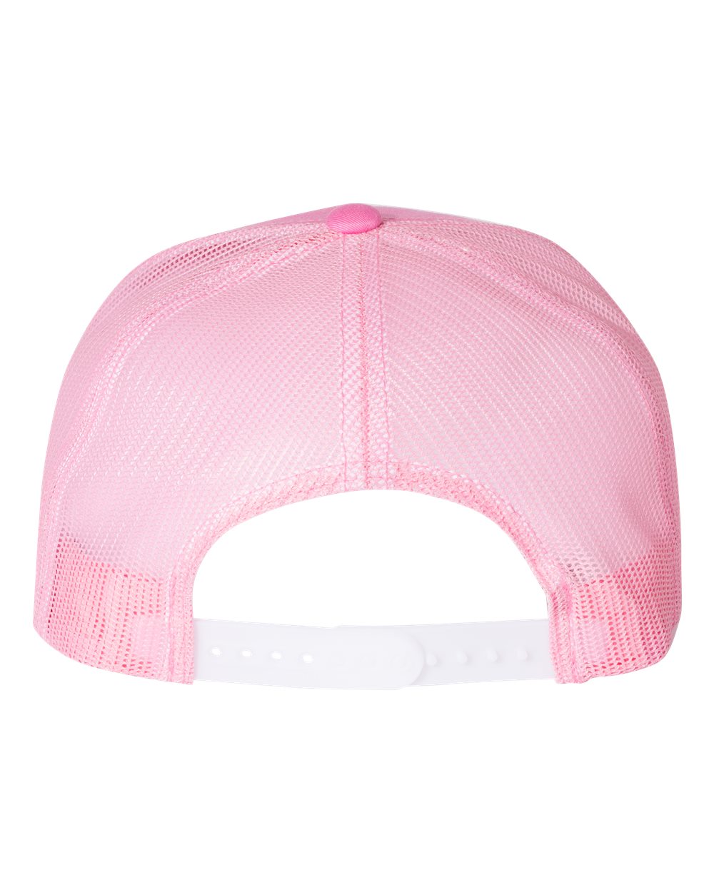 Pink mesh trucker cap with flat bill shown from back view