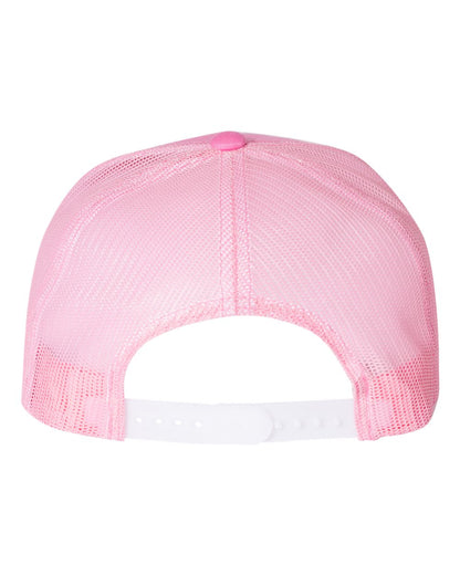 Pink mesh trucker cap with flat bill shown from back view
