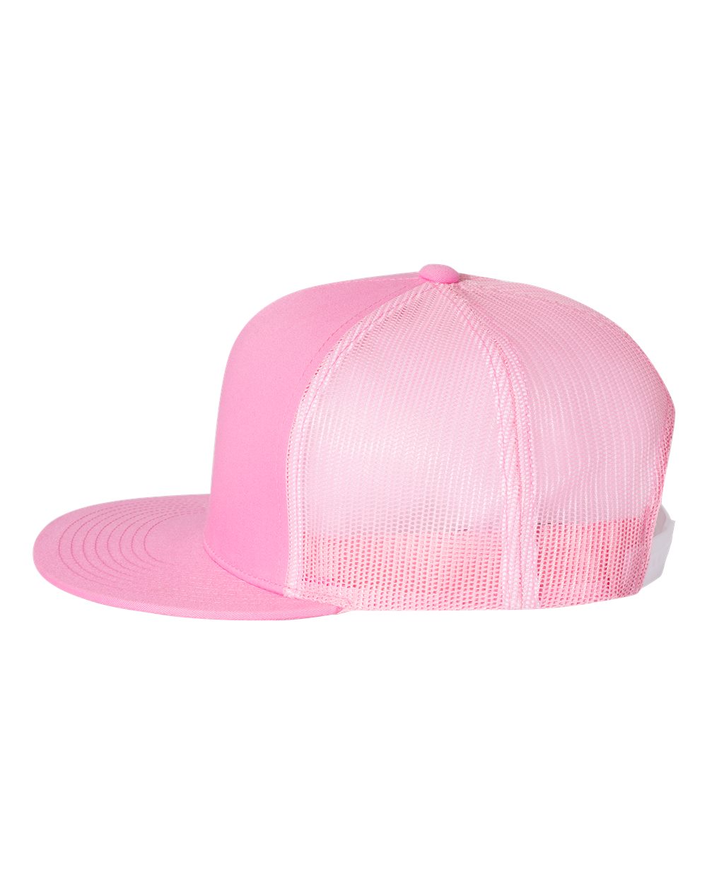 Pink flat bill trucker cap with mesh back panels on white background