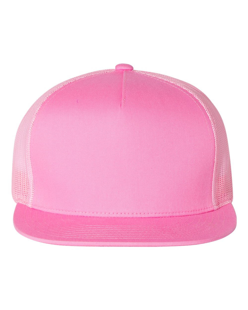 Pink flat bill trucker cap with mesh back panels on white background