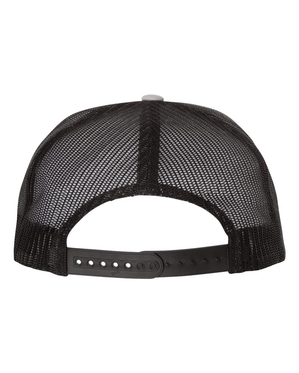 Back view of black mesh trucker cap with gray adjustable snap closure