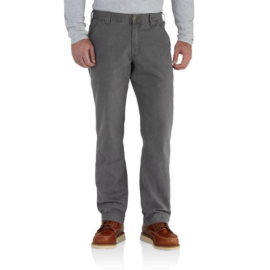 Man wearing gray Carhartt relaxed straight dungaree pants with brown shoes