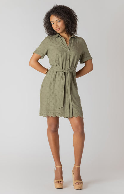 Linen SS Belted Eyelet Hem Mini Shirt Dress