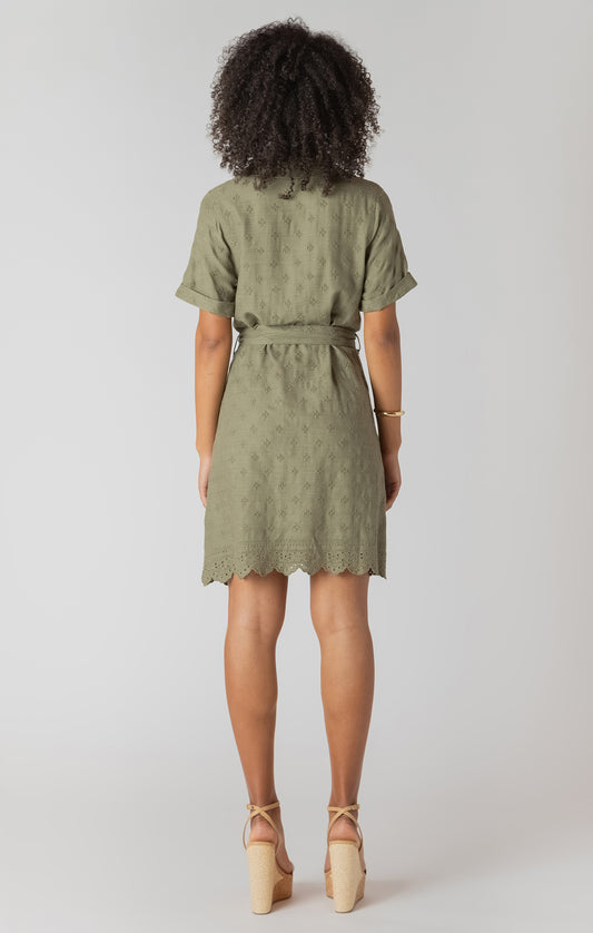 Linen SS Belted Eyelet Hem Mini Shirt Dress