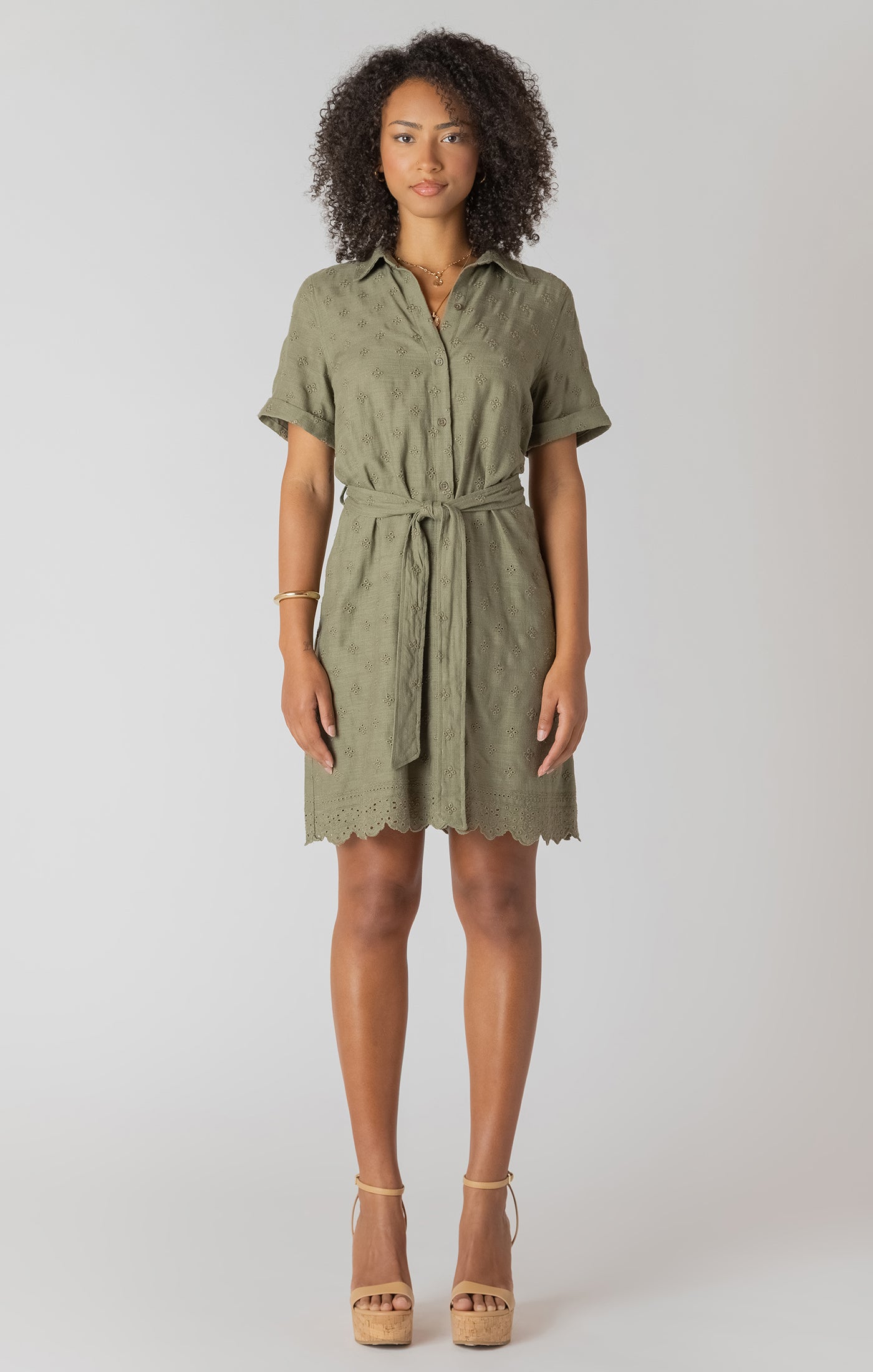 Linen SS Belted Eyelet Hem Mini Shirt Dress