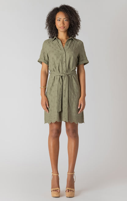 Linen SS Belted Eyelet Hem Mini Shirt Dress